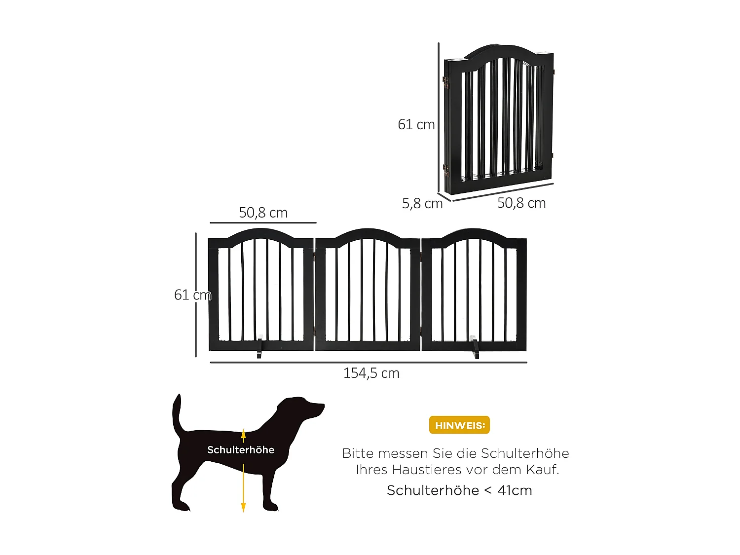 Puerta plegable para perros, diseño robusto, madera maciza, color negro, con 2 patas de apoyo (154,5 x 29,5 x 61 cm)