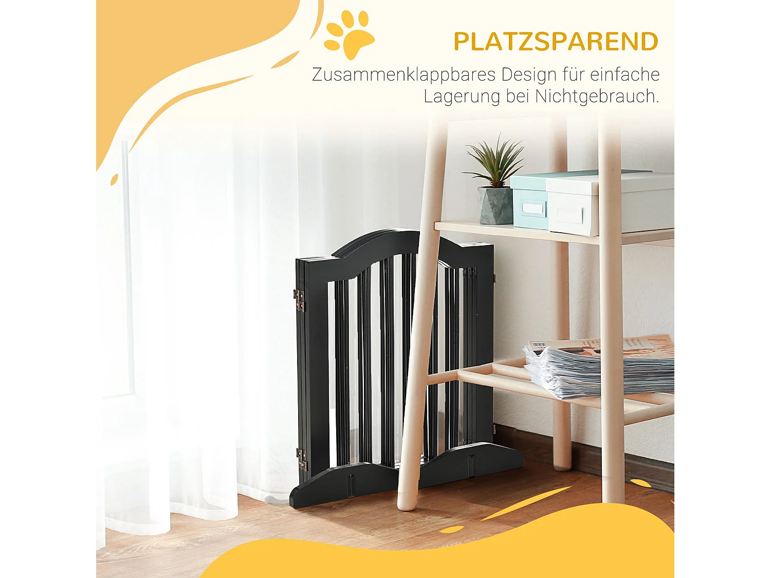 Puerta plegable para perros, diseño robusto, madera maciza, color negro, con 2 patas de apoyo (154,5 x 29,5 x 61 cm)