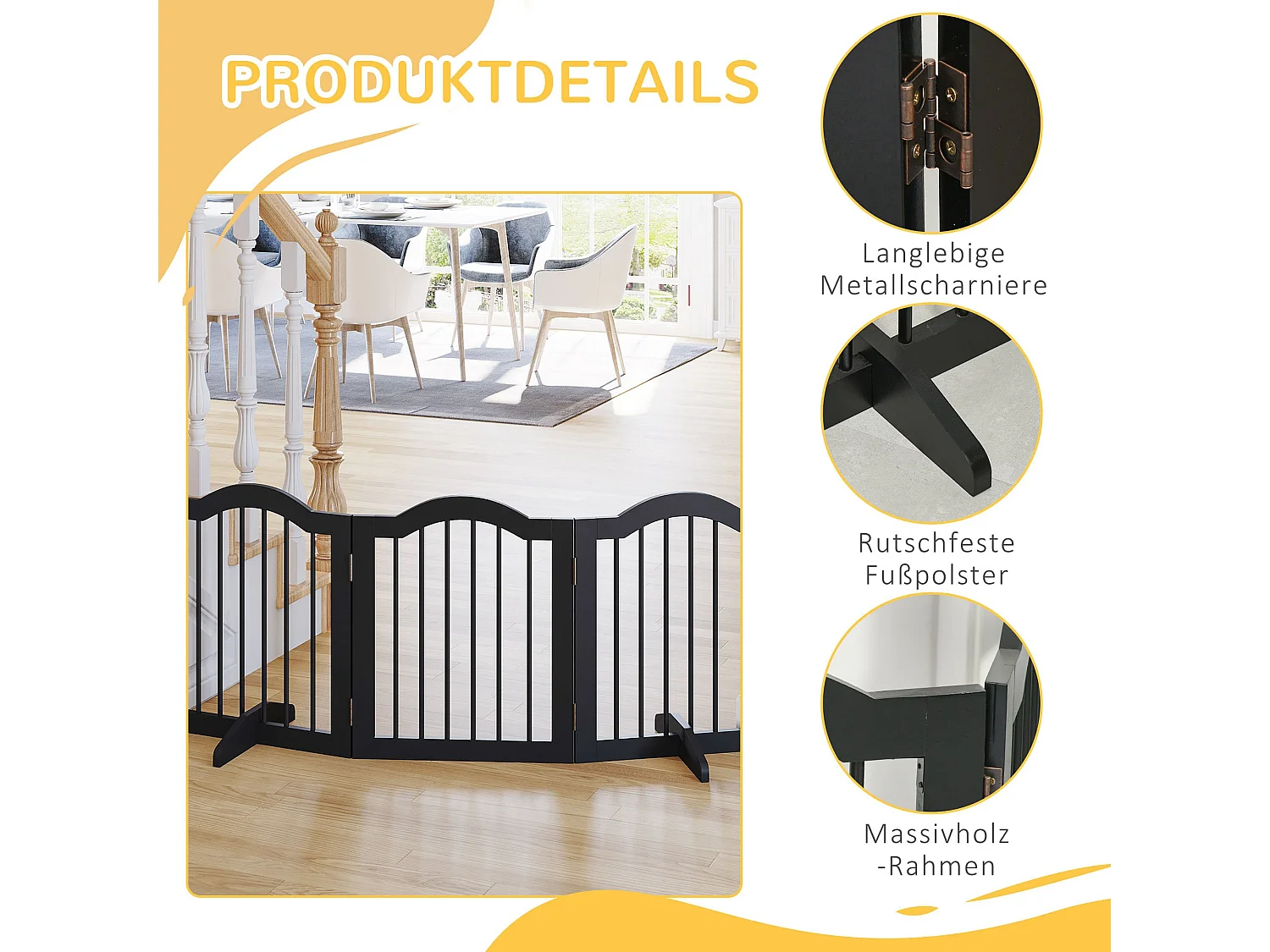 Puerta plegable para perros, diseño robusto, madera maciza, color negro, con 2 patas de apoyo (154,5 x 29,5 x 61 cm)