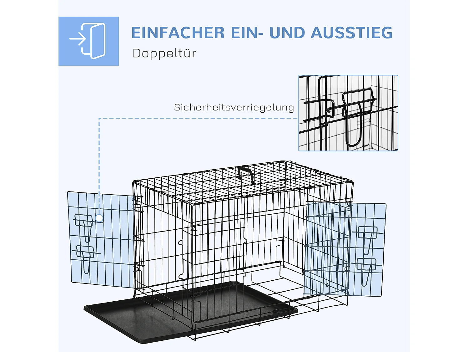 Gabbia da trasporto pieghevole per cani e piccoli animali, in metallo e ABS, nera (76x46x52 cm)
