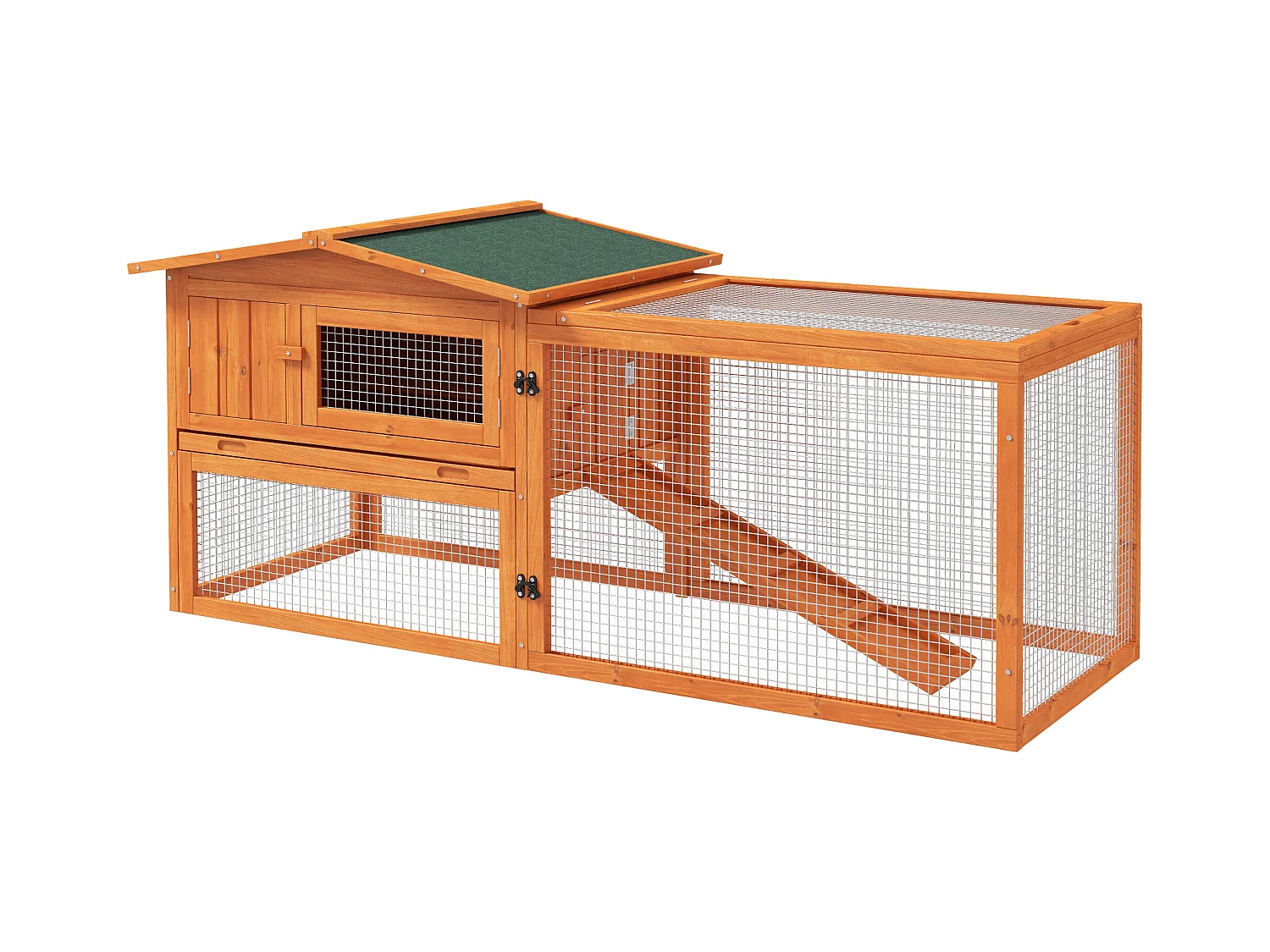 Enclos pour petits animaux en bois, avec toit en asphalte, bac amovible et rampe, orange (156x58x68cm)