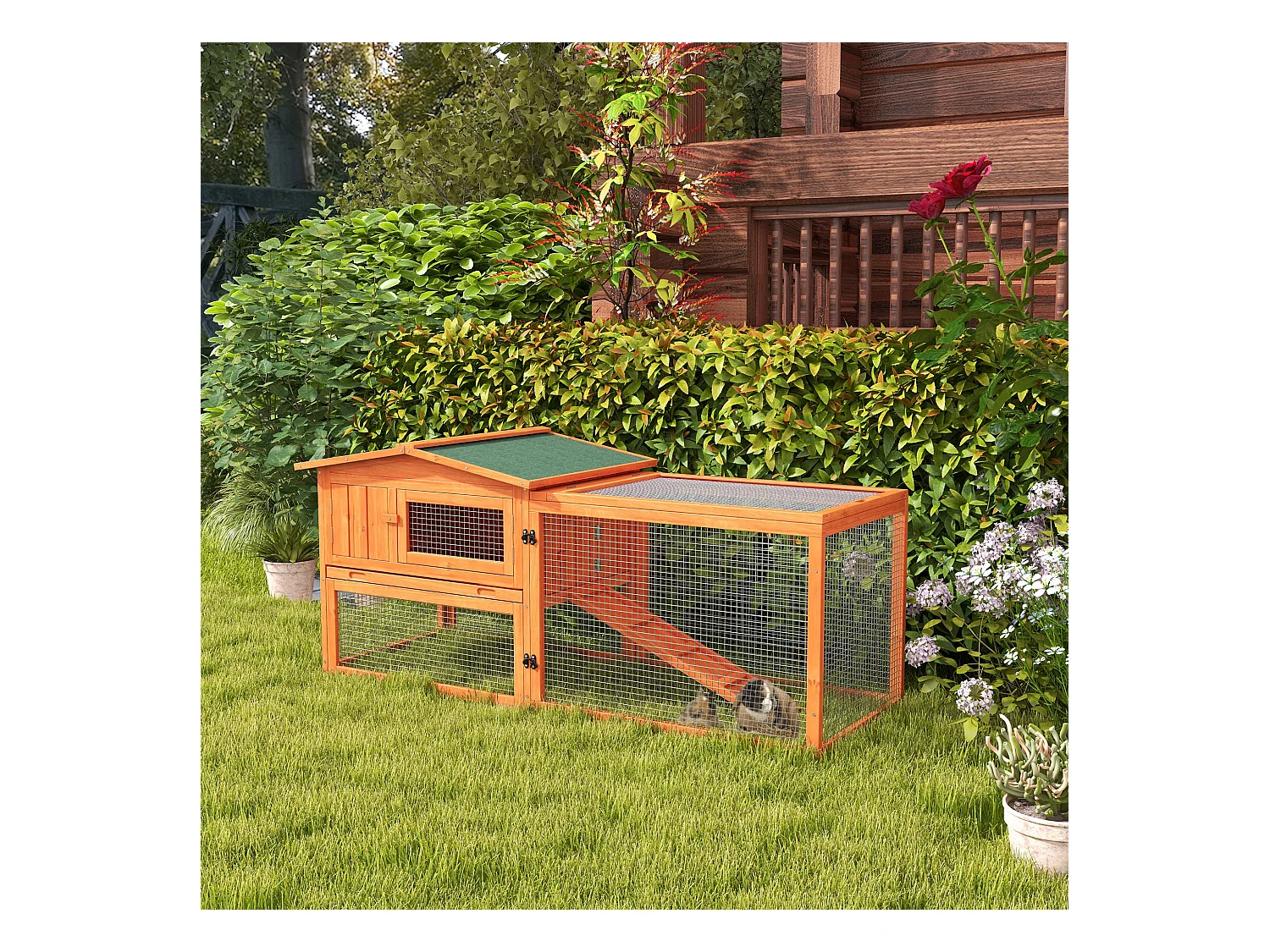 Enclos pour petits animaux en bois, avec toit en asphalte, bac amovible et rampe, orange (156x58x68cm)