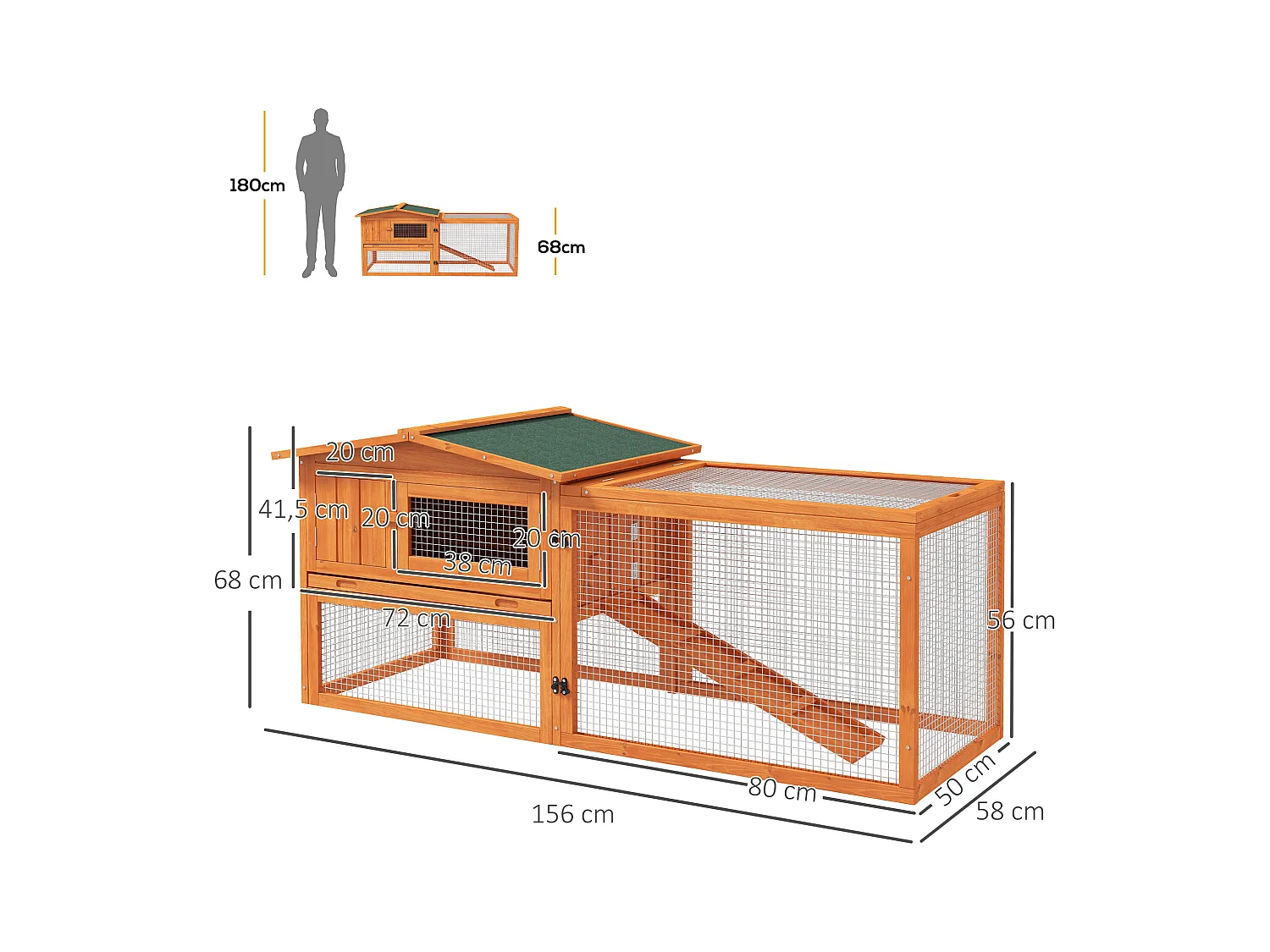 Enclos pour petits animaux en bois, avec toit en asphalte, bac amovible et rampe, orange (156x58x68cm)