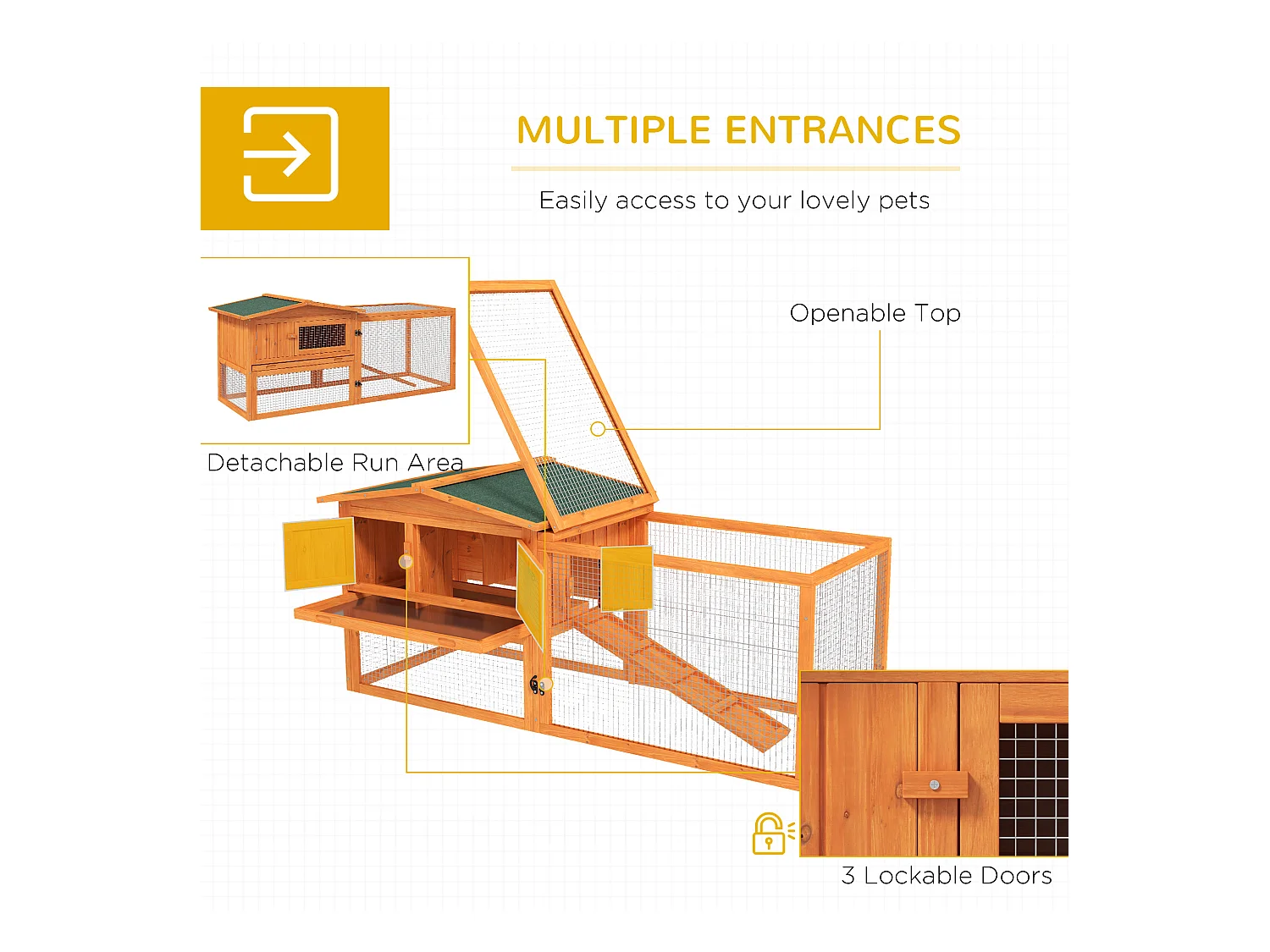 Enclos pour petits animaux en bois, avec toit en asphalte, bac amovible et rampe, orange (156x58x68cm)