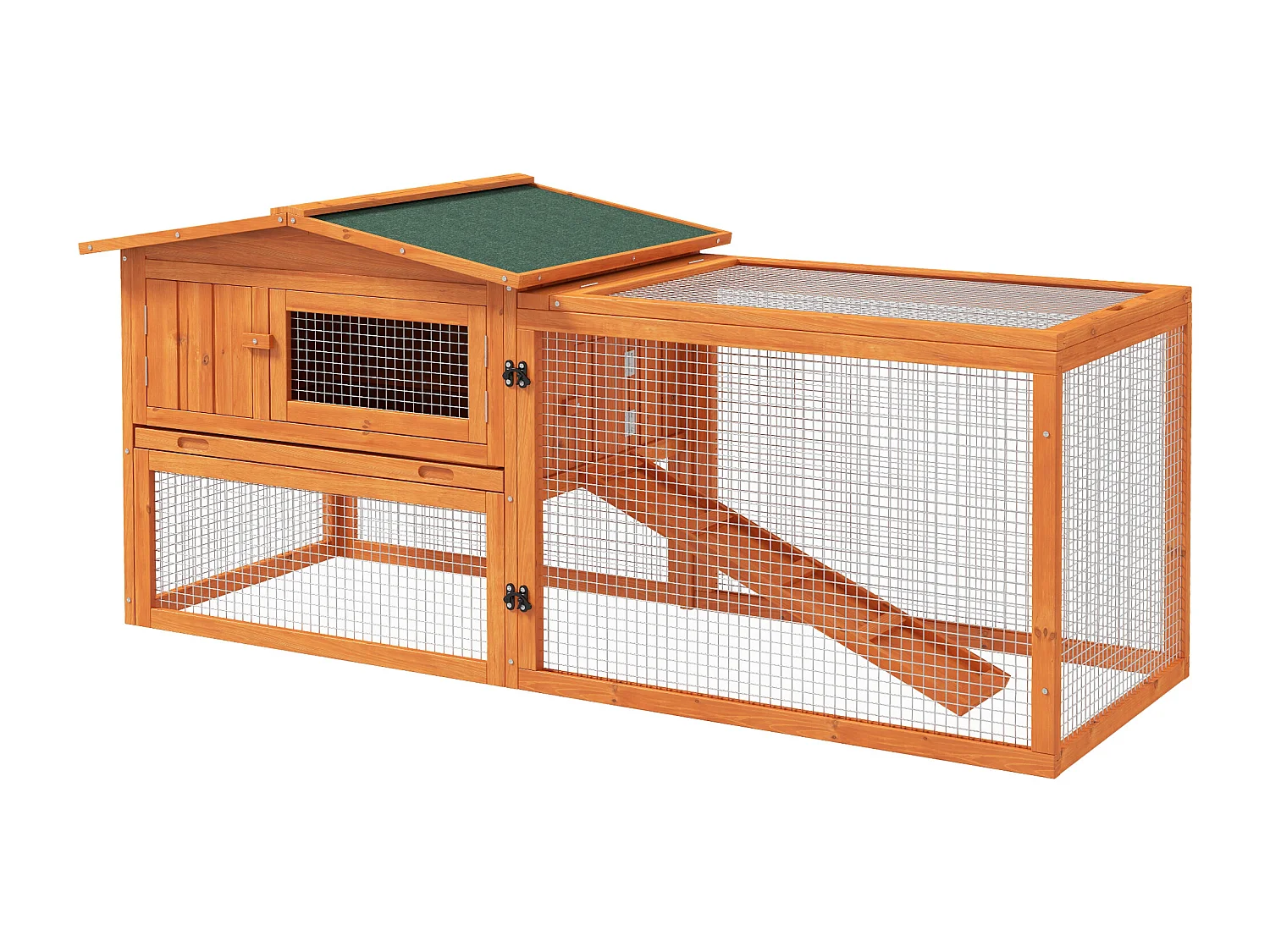 Enclos pour petits animaux en bois, avec toit en asphalte, bac amovible et rampe, orange (156x58x68cm)