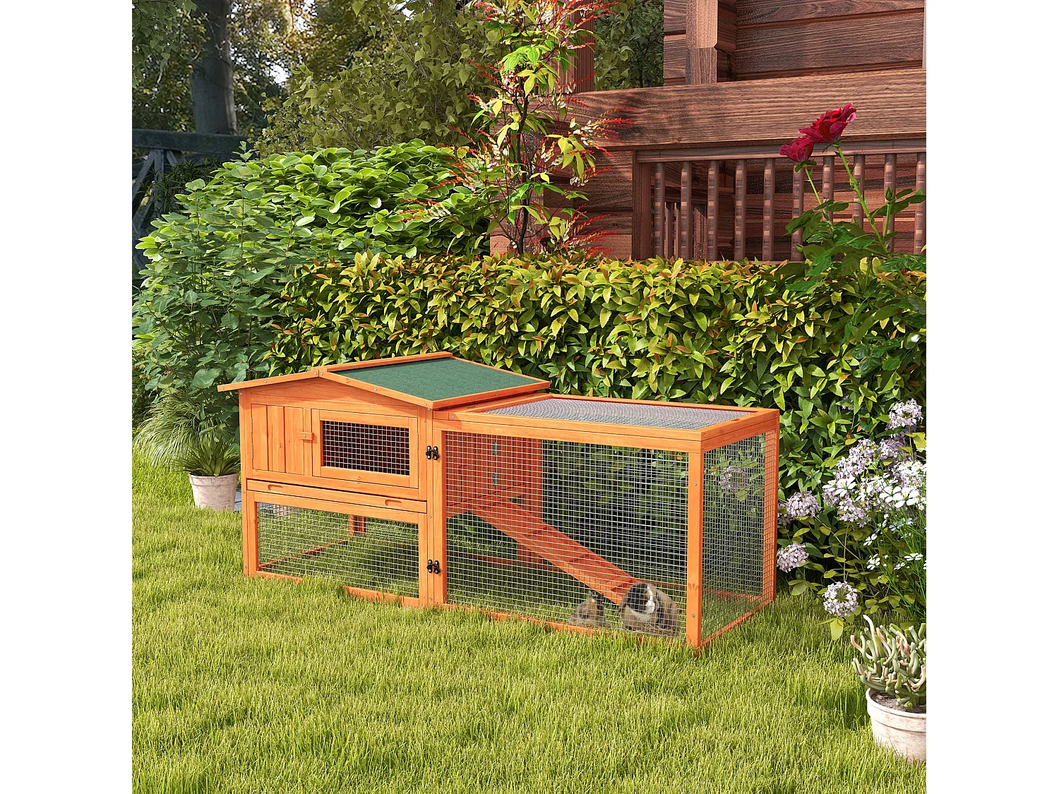 Enclos pour petits animaux en bois, avec toit en asphalte, bac amovible et rampe, orange (156x58x68cm)