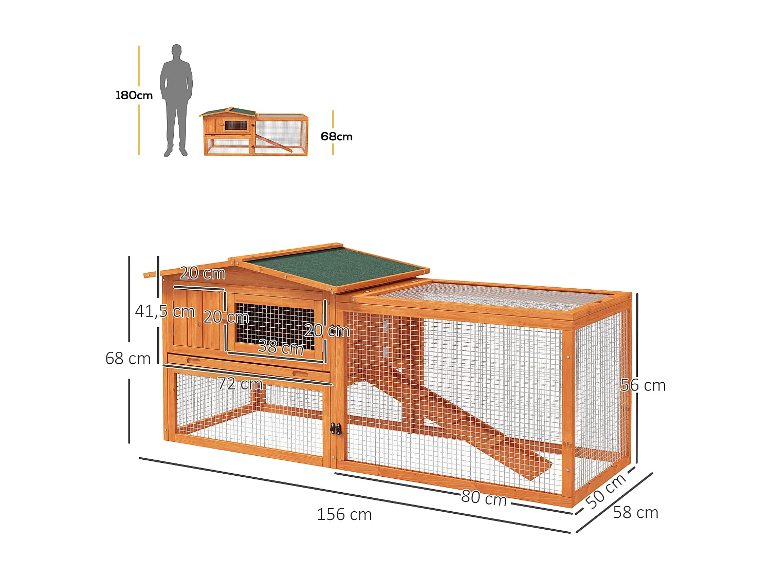 Enclos pour petits animaux en bois, avec toit en asphalte, bac amovible et rampe, orange (156x58x68cm)
