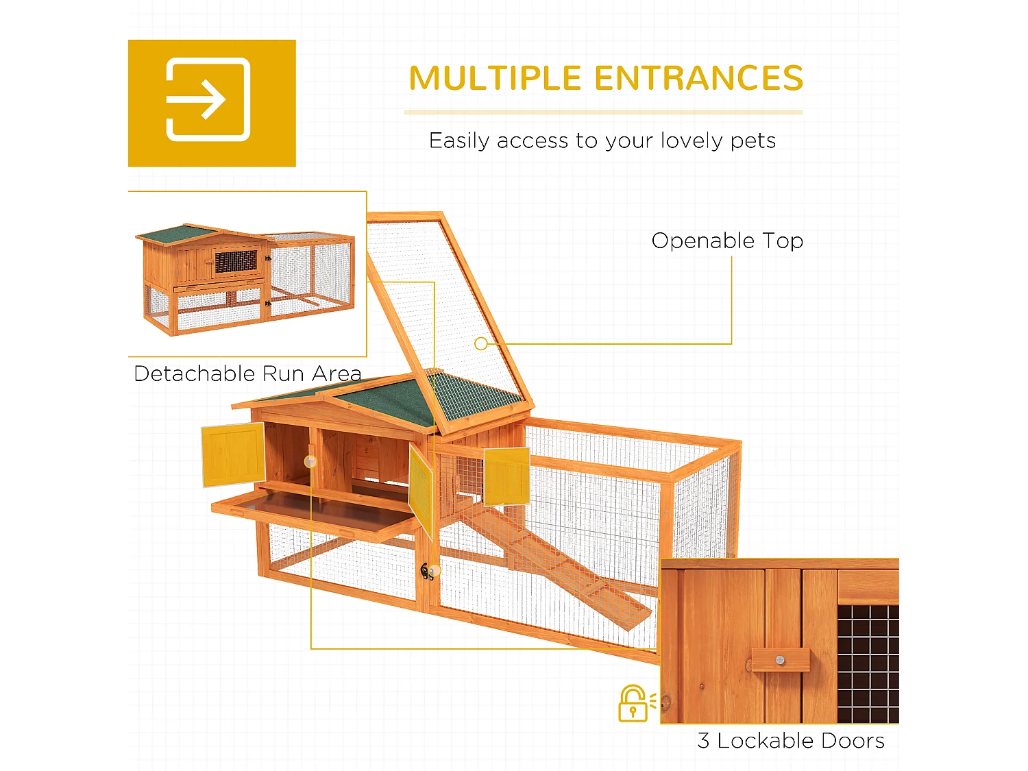 Enclos pour petits animaux en bois, avec toit en asphalte, bac amovible et rampe, orange (156x58x68cm)