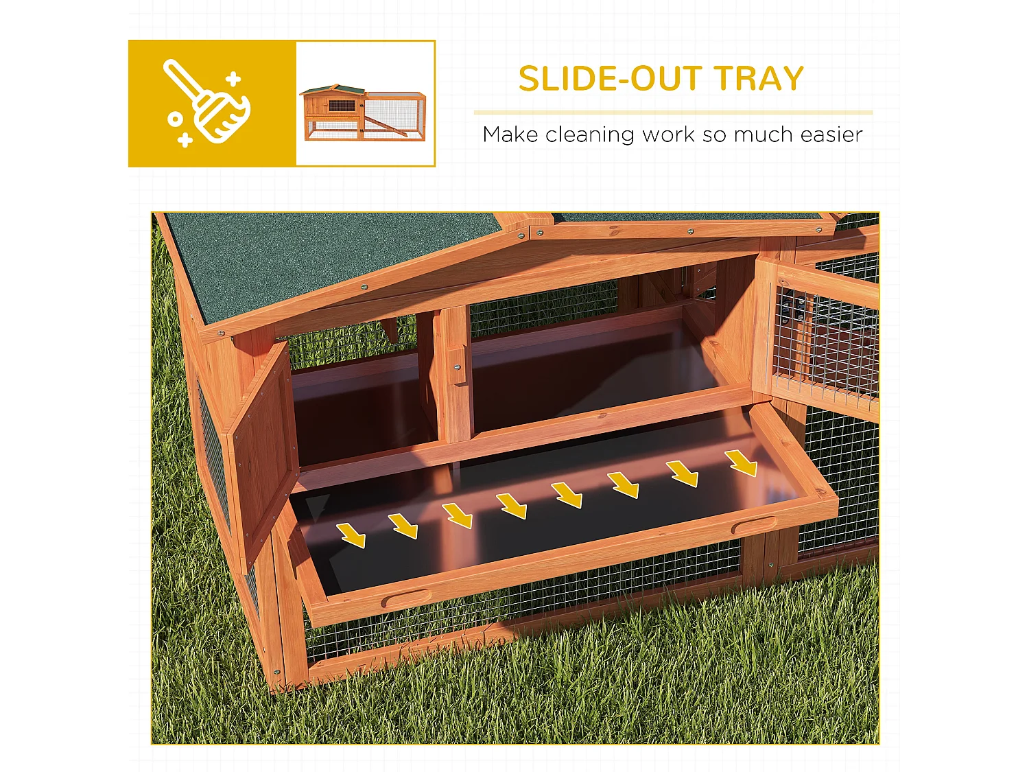 Enclos pour petits animaux en bois, avec toit en asphalte, bac amovible et rampe, orange (156x58x68cm)