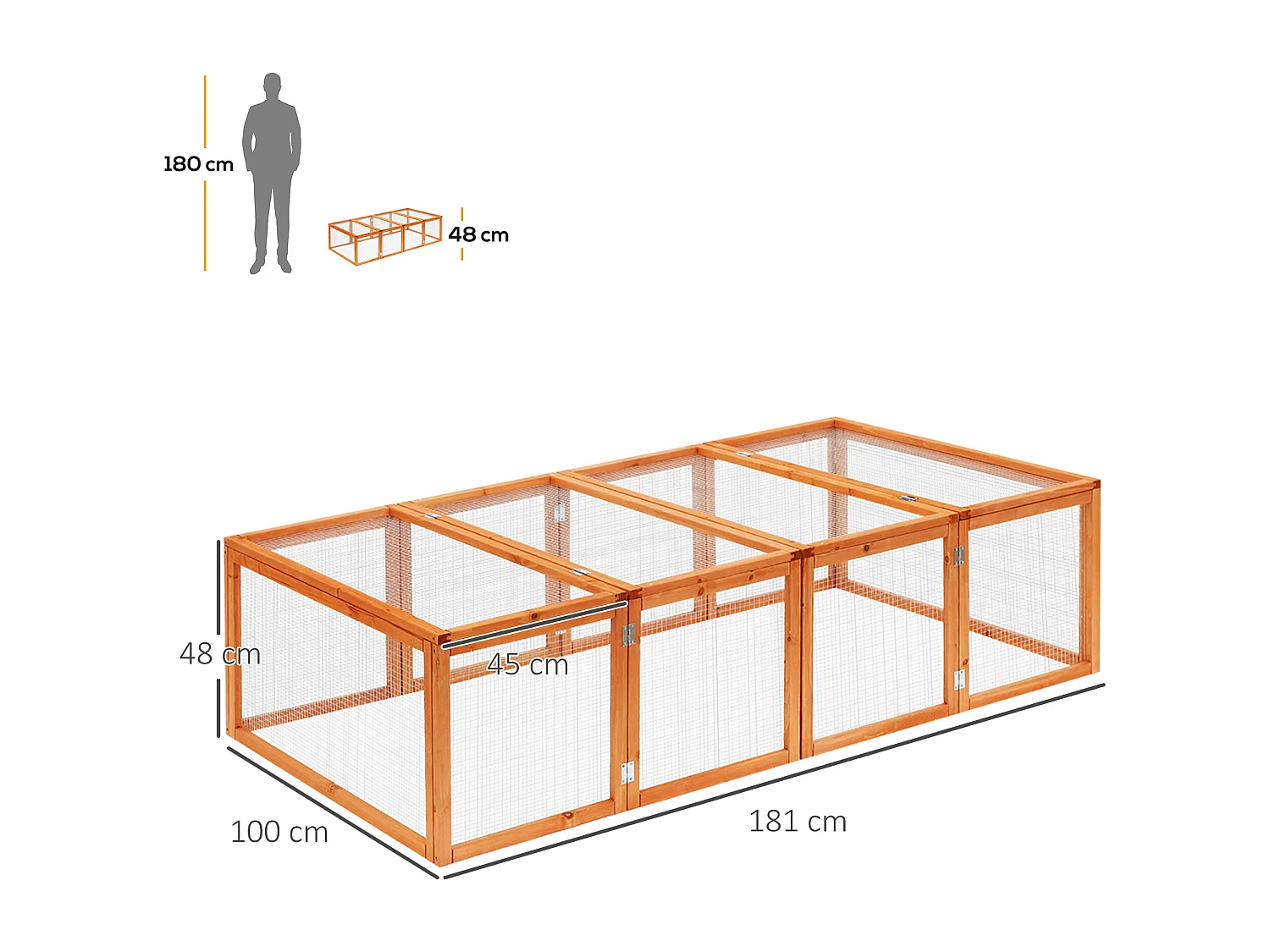 Buitenverblijf voor konijnen en kleine dieren, gemaakt van natuurlijk dennenhout, met open dak en gaas (181x100x48cm)
