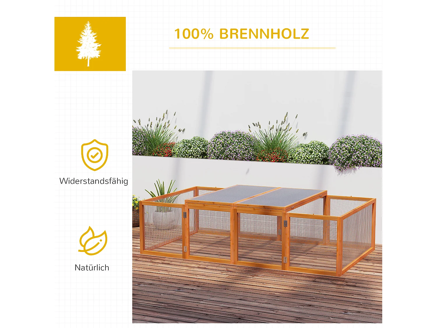 Buitenverblijf voor konijnen en kleine dieren, gemaakt van natuurlijk dennenhout, met open dak en gaas (181x100x48cm)