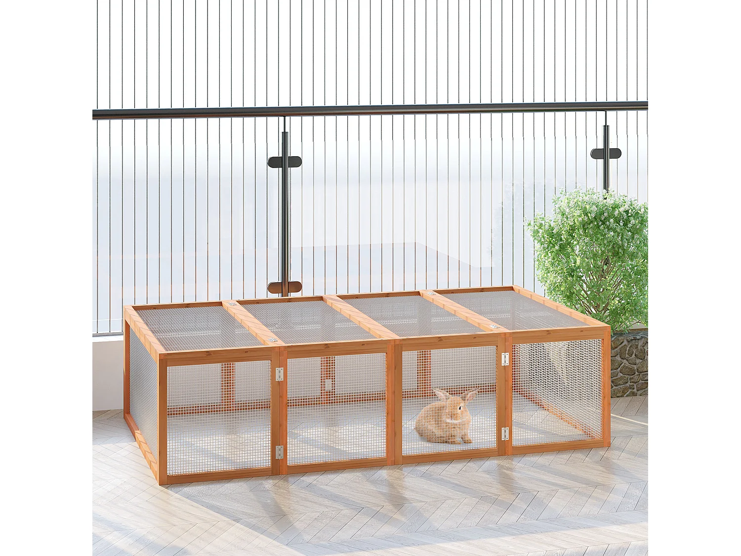 Enclos extérieur pour lapins et petits animaux, en bois de sapin, naturel, avec toit ouvrant et grillage (181x100x48cm)