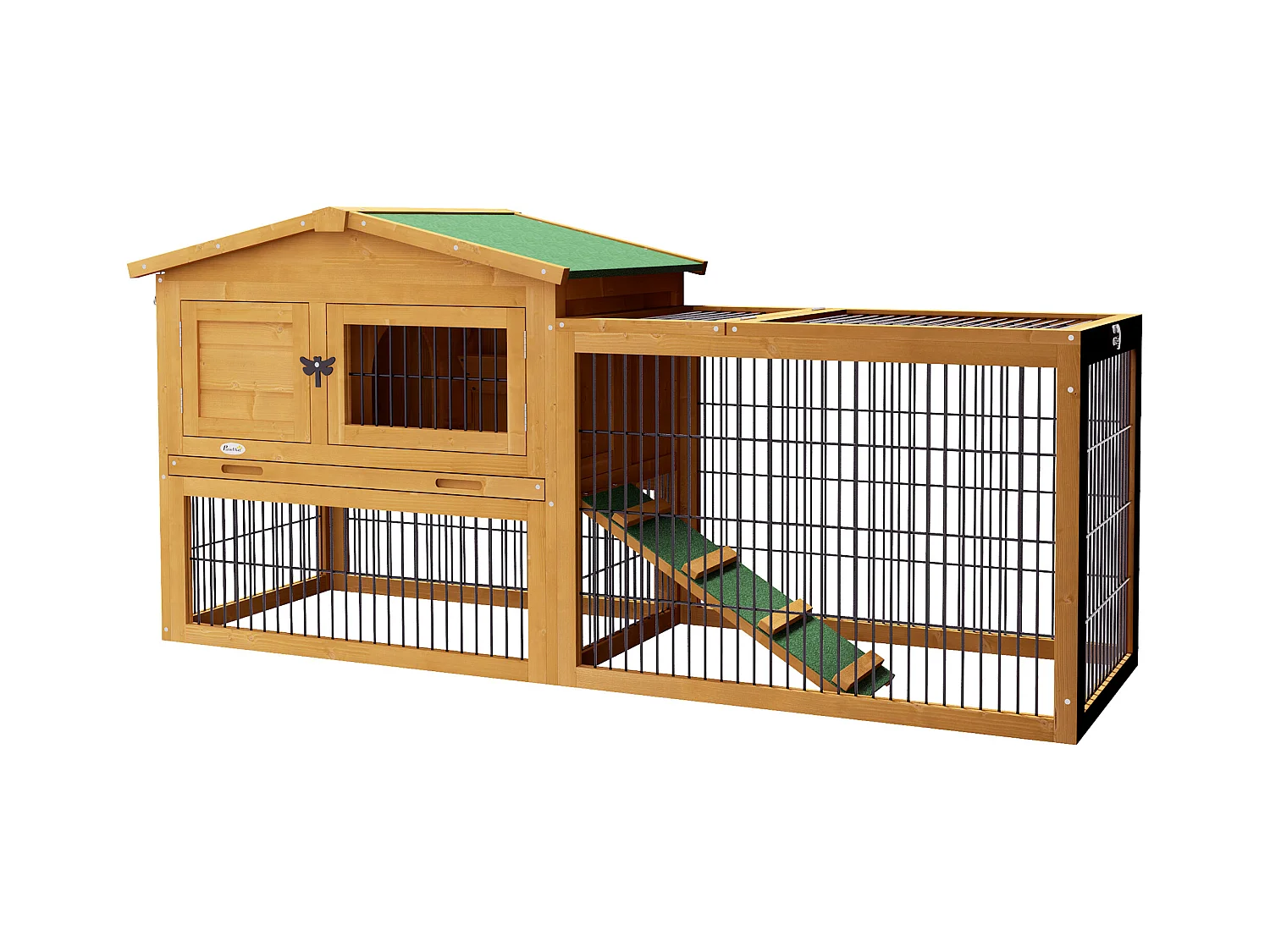 Clapier à lapins 2 niveaux en bois de sapin, résistant à l'hiver, avec enclos extérieur et rampe, jaune (150x52x68cm)