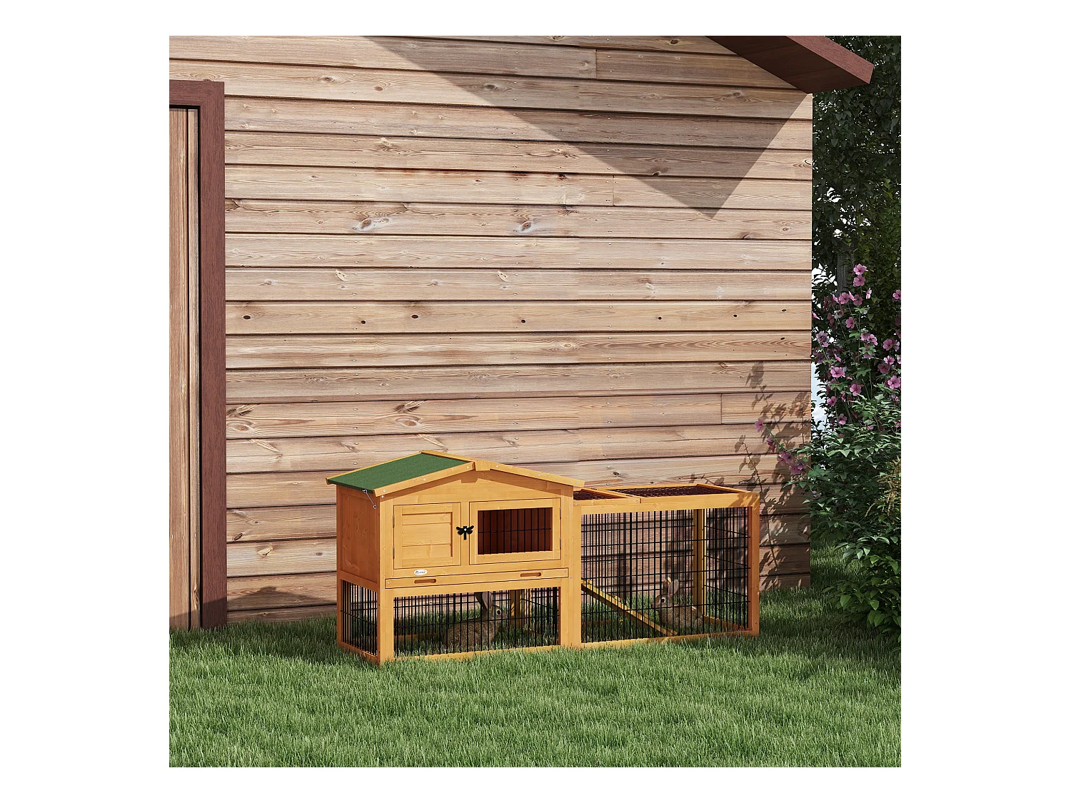 Clapier à lapins 2 niveaux en bois de sapin, résistant à l'hiver, avec enclos extérieur et rampe, jaune (150x52x68cm)