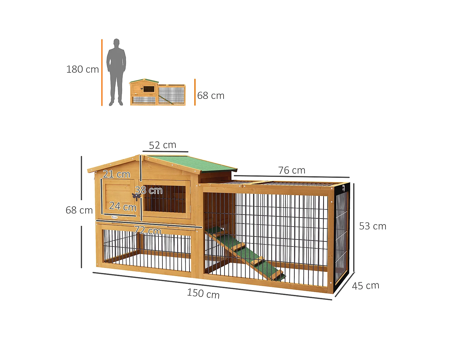 Clapier à lapins 2 niveaux en bois de sapin, résistant à l'hiver, avec enclos extérieur et rampe, jaune (150x52x68cm)