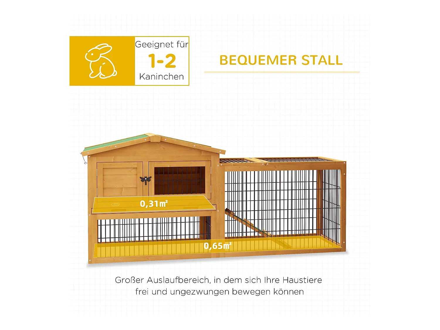 Clapier à lapins 2 niveaux en bois de sapin, résistant à l'hiver, avec enclos extérieur et rampe, jaune (150x52x68cm)