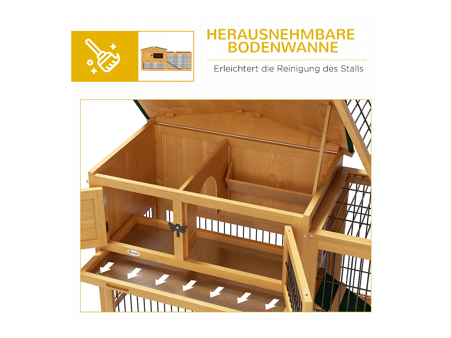 Clapier à lapins 2 niveaux en bois de sapin, résistant à l'hiver, avec enclos extérieur et rampe, jaune (150x52x68cm)