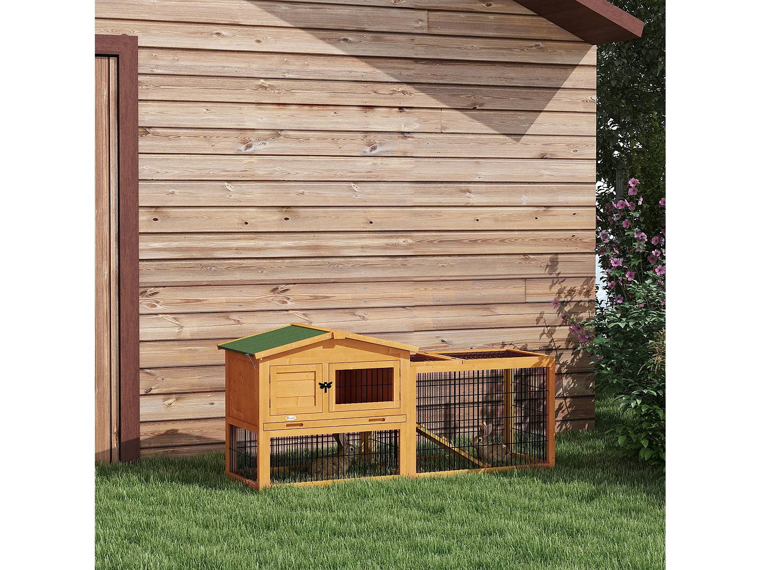 Clapier à lapins 2 niveaux en bois de sapin, résistant à l'hiver, avec enclos extérieur et rampe, jaune (150x52x68cm)
