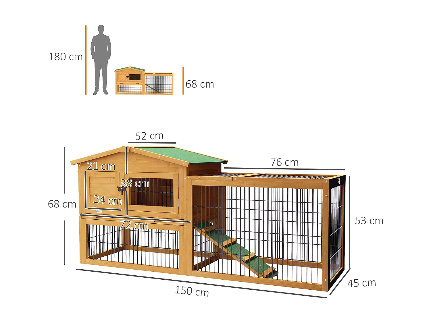 Clapier à lapins 2 niveaux en bois de sapin, résistant à l'hiver, avec enclos extérieur et rampe, jaune (150x52x68cm)