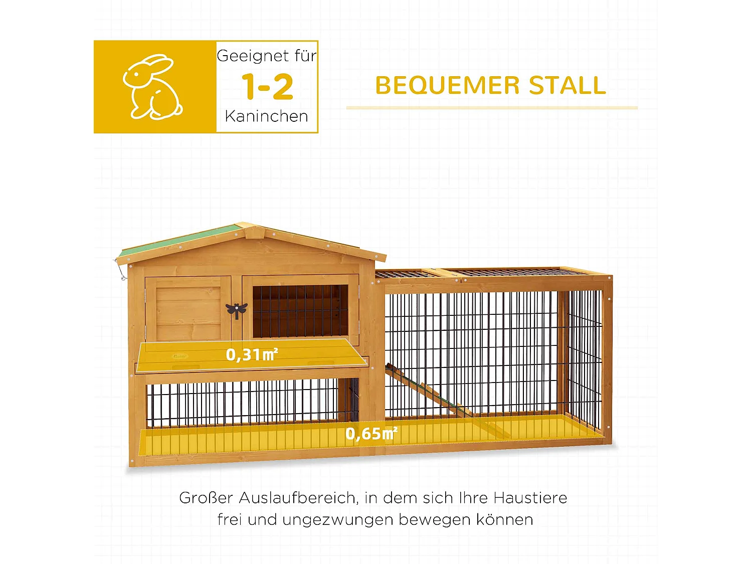 Clapier à lapins 2 niveaux en bois de sapin, résistant à l'hiver, avec enclos extérieur et rampe, jaune (150x52x68cm)