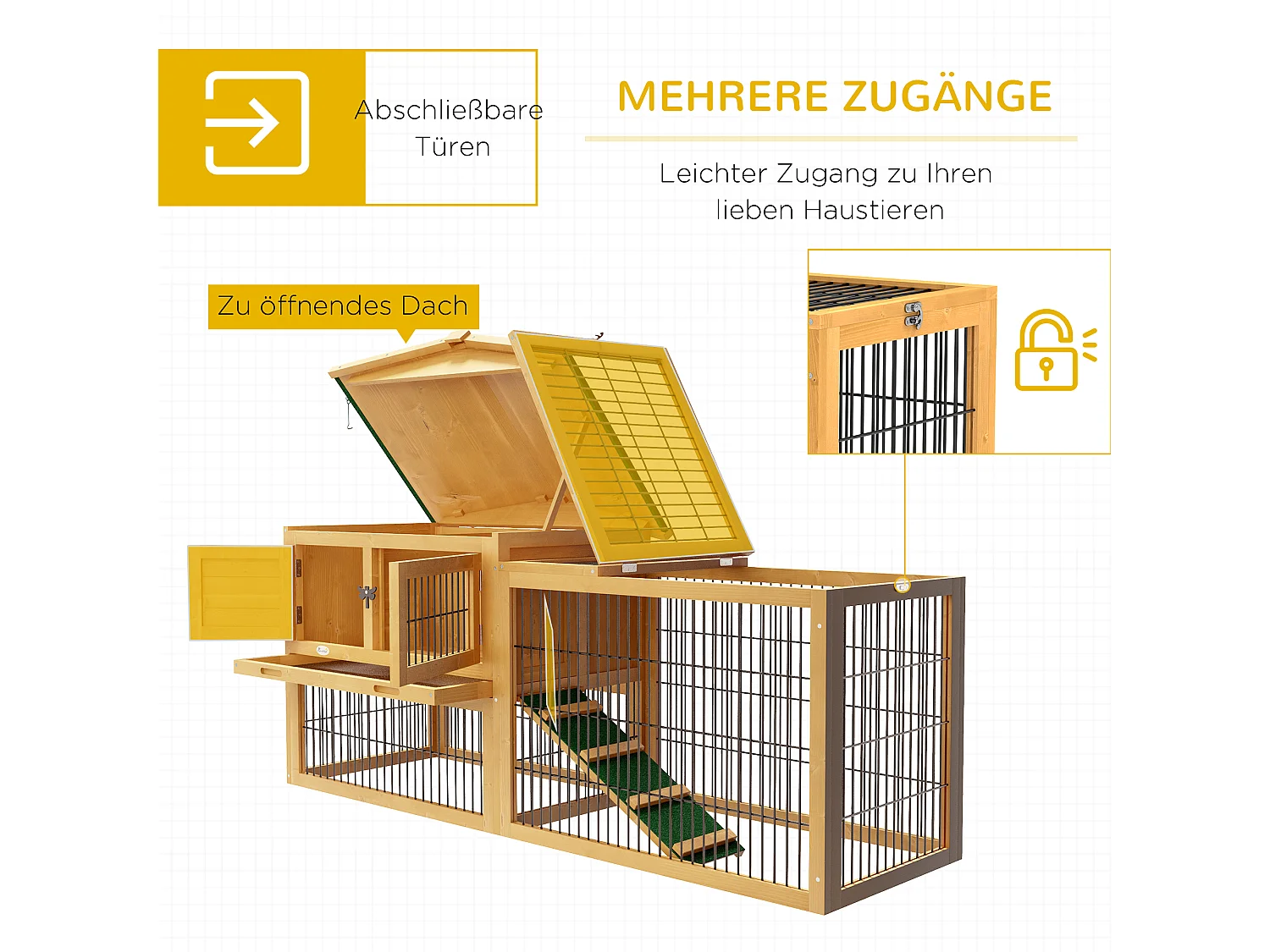 Clapier à lapins 2 niveaux en bois de sapin, résistant à l'hiver, avec enclos extérieur et rampe, jaune (150x52x68cm)
