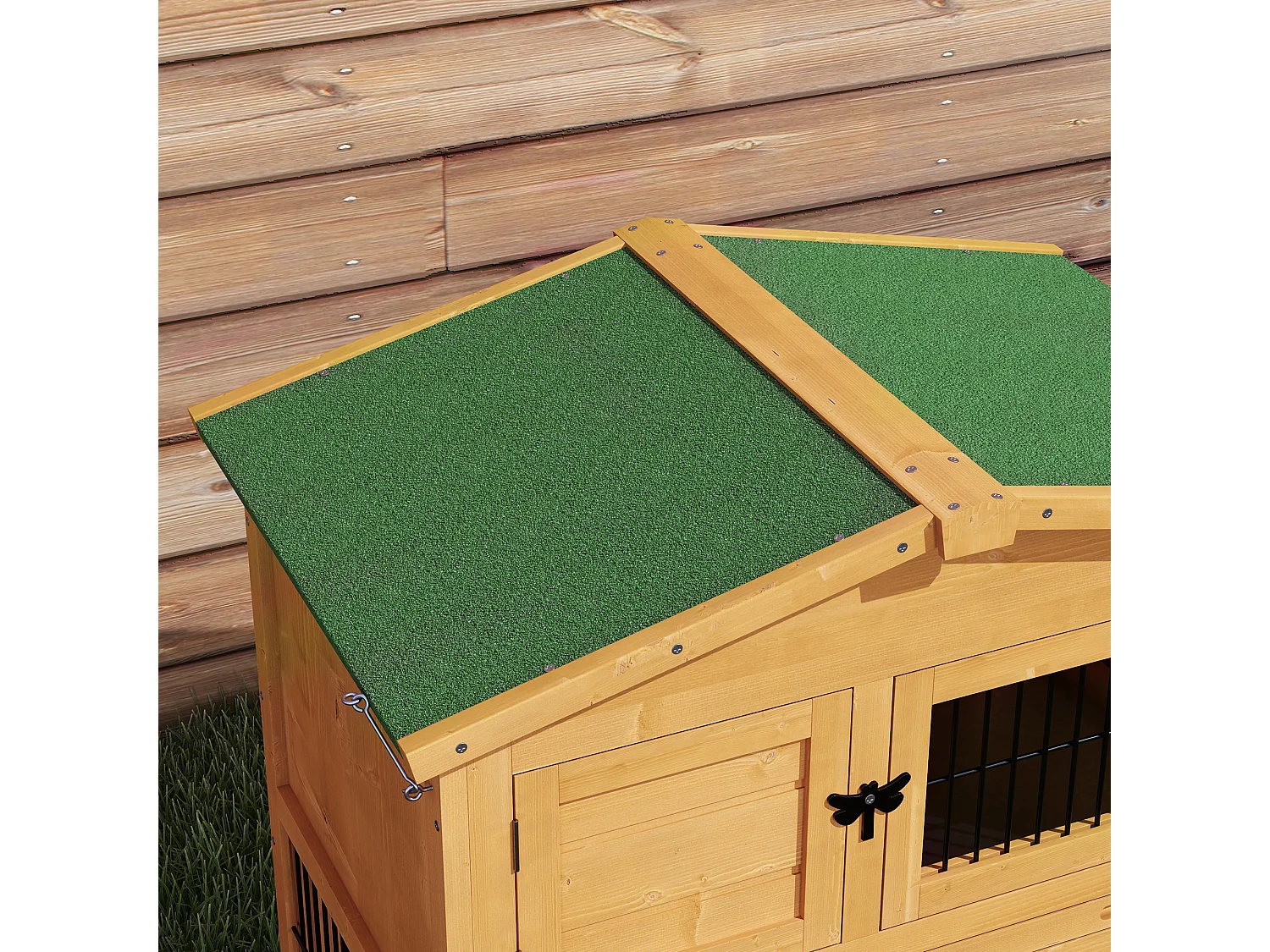 Clapier à lapins 2 niveaux en bois de sapin, résistant à l'hiver, avec enclos extérieur et rampe, jaune (150x52x68cm)