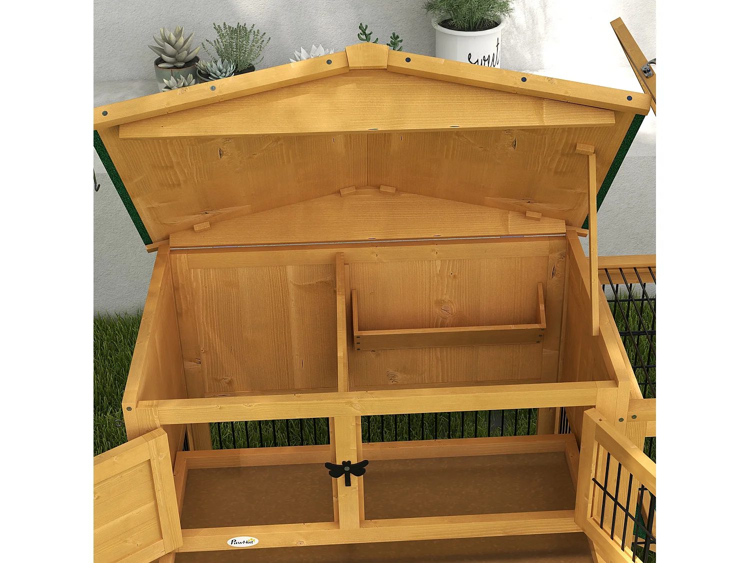 Clapier à lapins 2 niveaux en bois de sapin, résistant à l'hiver, avec enclos extérieur et rampe, jaune (150x52x68cm)
