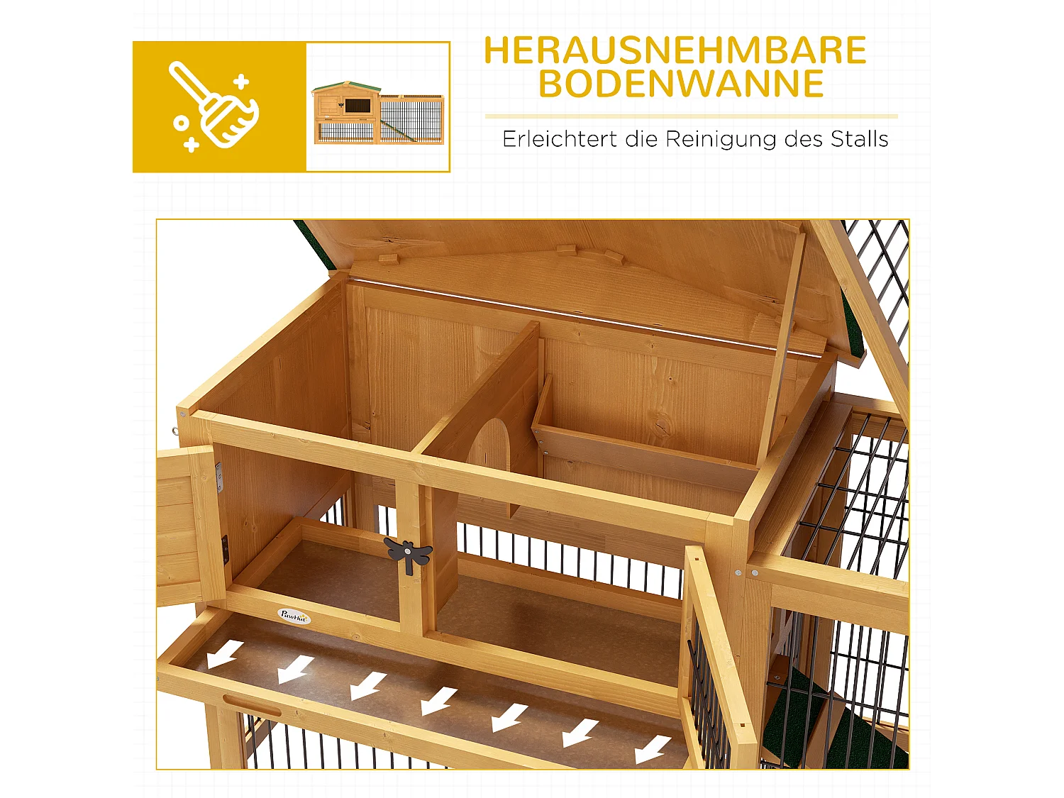 Clapier à lapins 2 niveaux en bois de sapin, résistant à l'hiver, avec enclos extérieur et rampe, jaune (150x52x68cm)