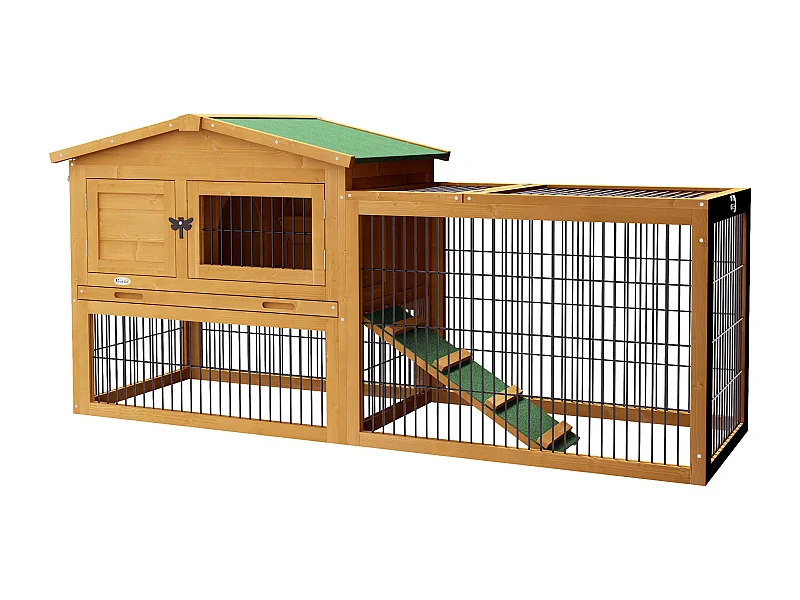 Conejera de madera de abeto de 2 niveles, resistente al invierno, con corral y rampa, amarilla (150 x 52 x 68 cm)