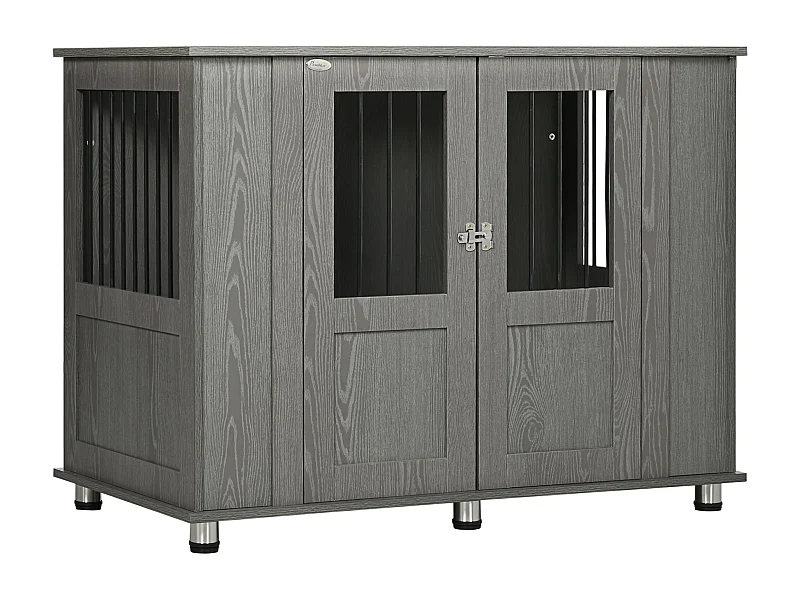 Cage pour chien grande taille en bois avec serrure, porte magnétique et fenêtre, gris (114x60x82 cm)