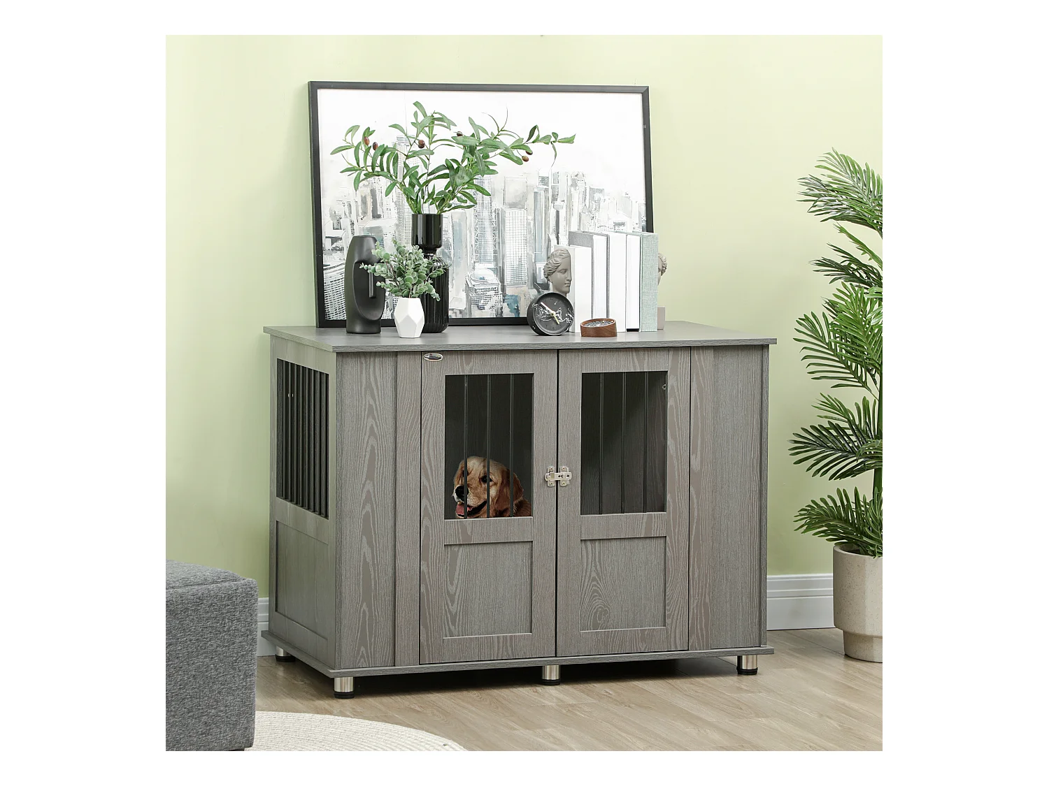 Cage pour chien grande taille en bois avec serrure, porte magnétique et fenêtre, gris (114x60x82 cm)