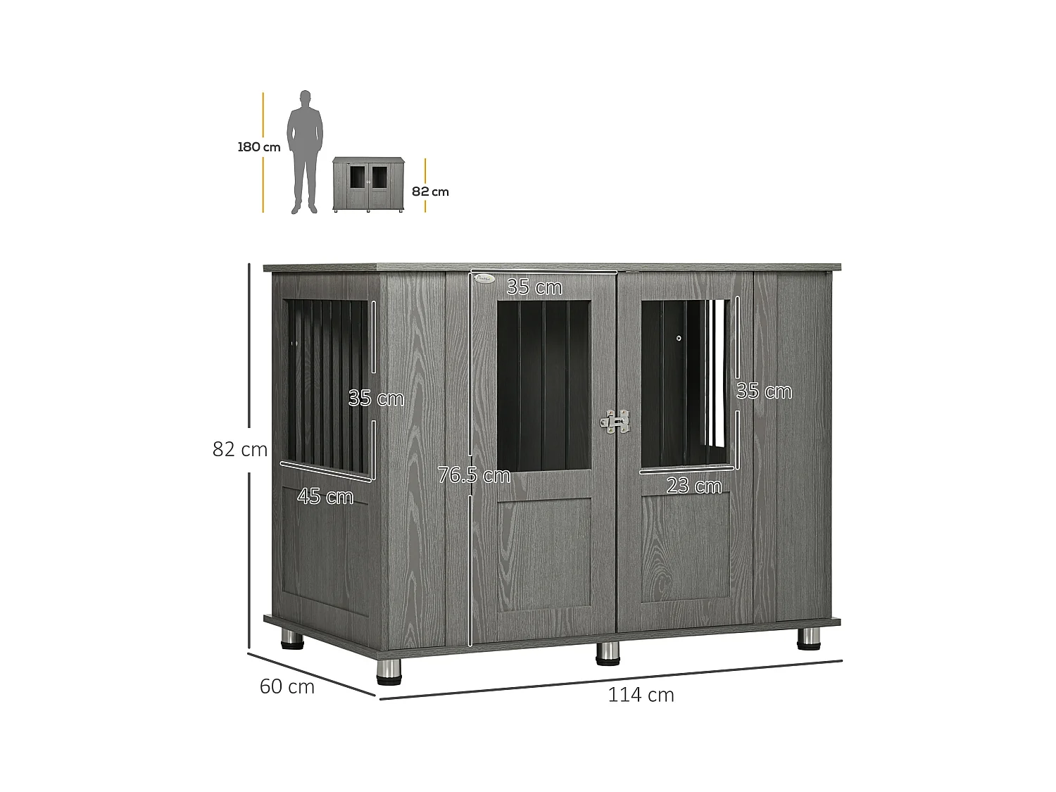 Cage pour chien grande taille en bois avec serrure, porte magnétique et fenêtre, gris (114x60x82 cm)