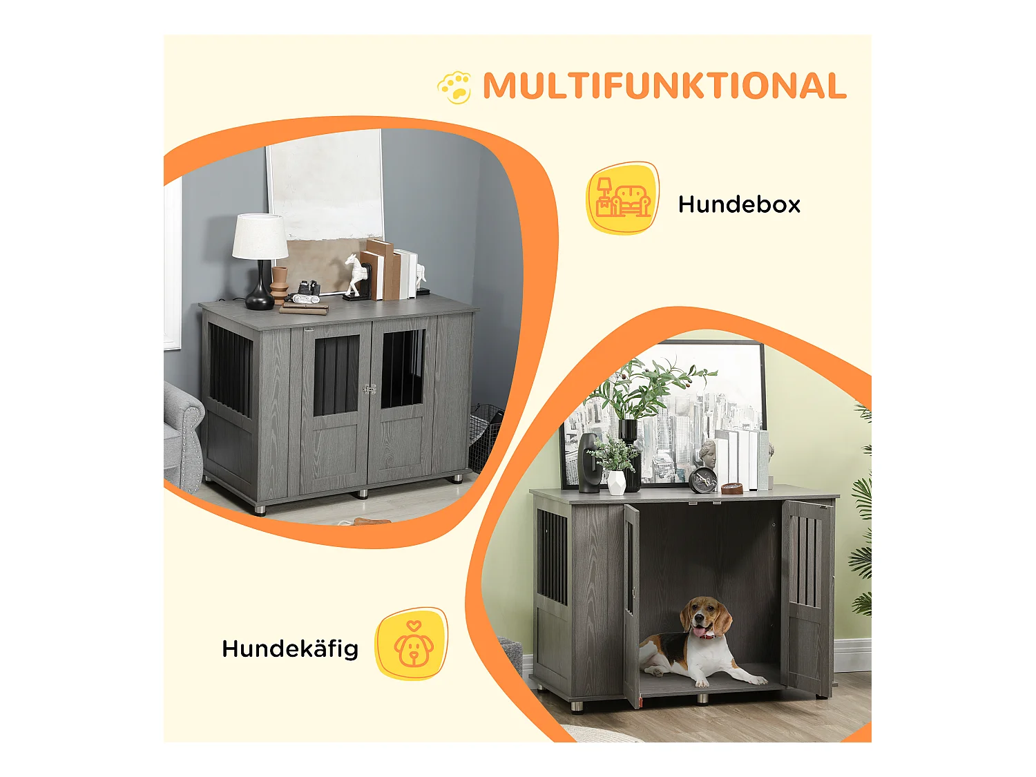 Cage pour chien grande taille en bois avec serrure, porte magnétique et fenêtre, gris (114x60x82 cm)