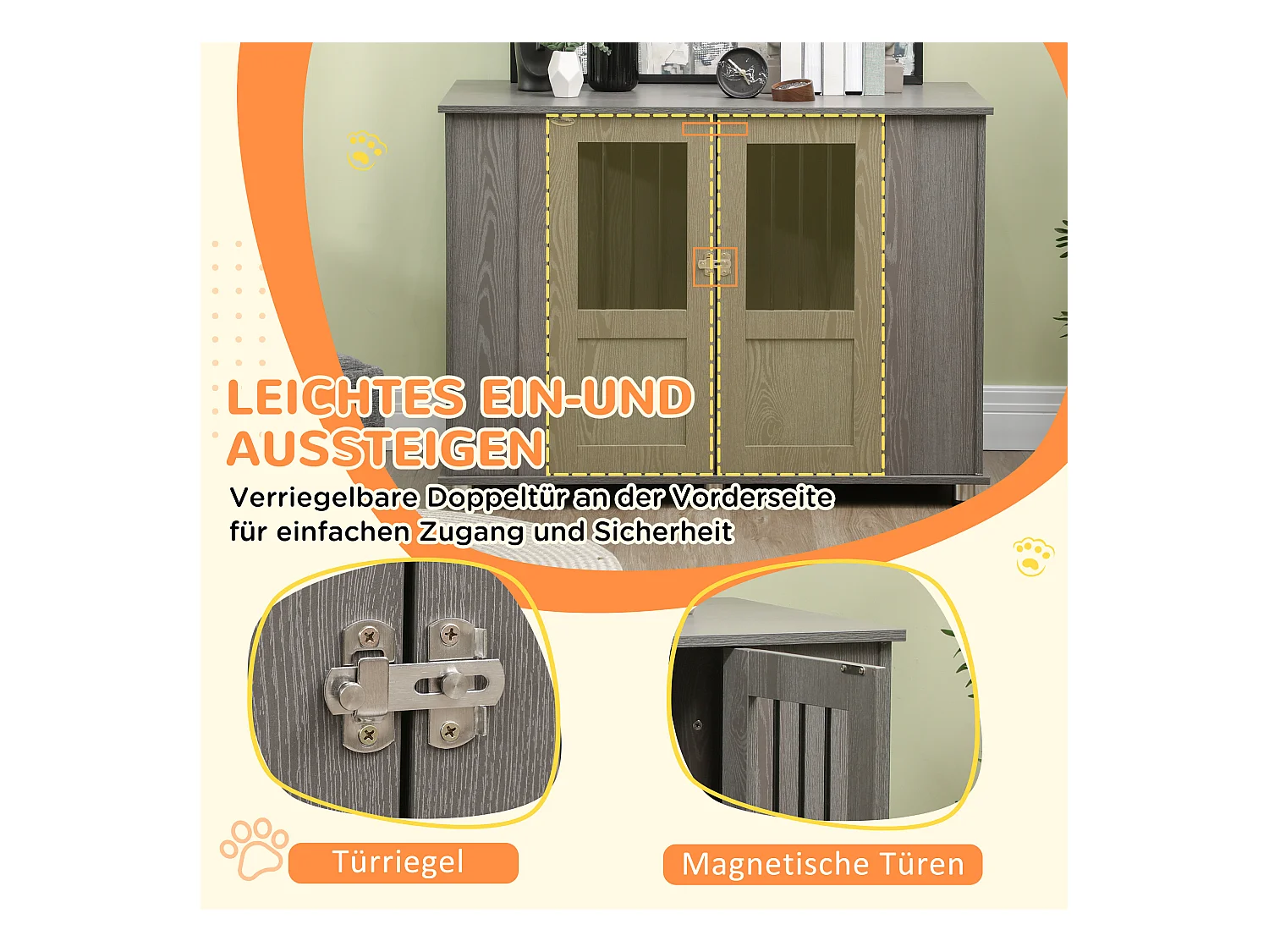 Cage pour chien grande taille en bois avec serrure, porte magnétique et fenêtre, gris (114x60x82 cm)