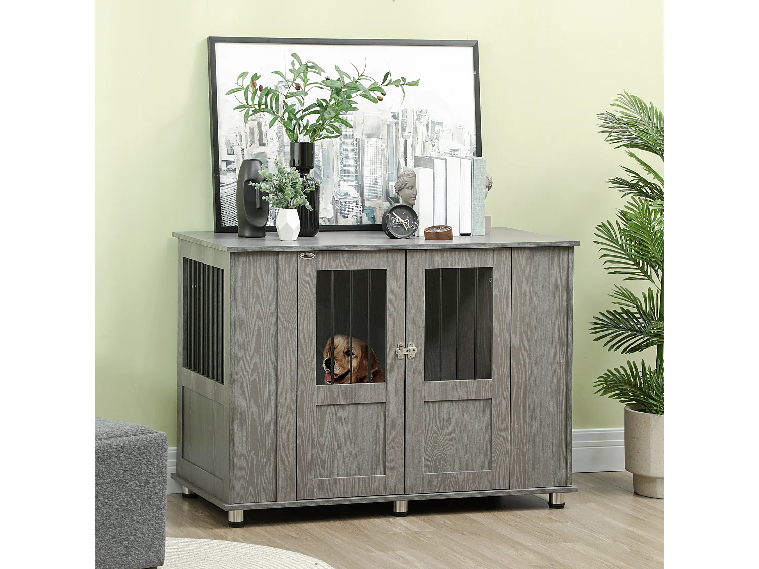 Cage pour chien grande taille en bois avec serrure, porte magnétique et fenêtre, gris (114x60x82 cm)