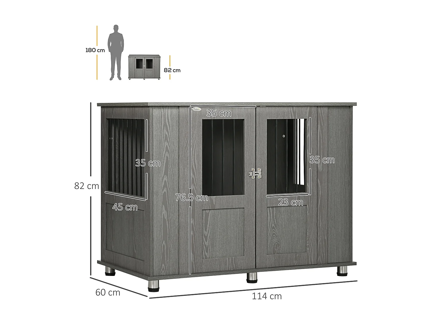 Cage pour chien grande taille en bois avec serrure, porte magnétique et fenêtre, gris (114x60x82 cm)