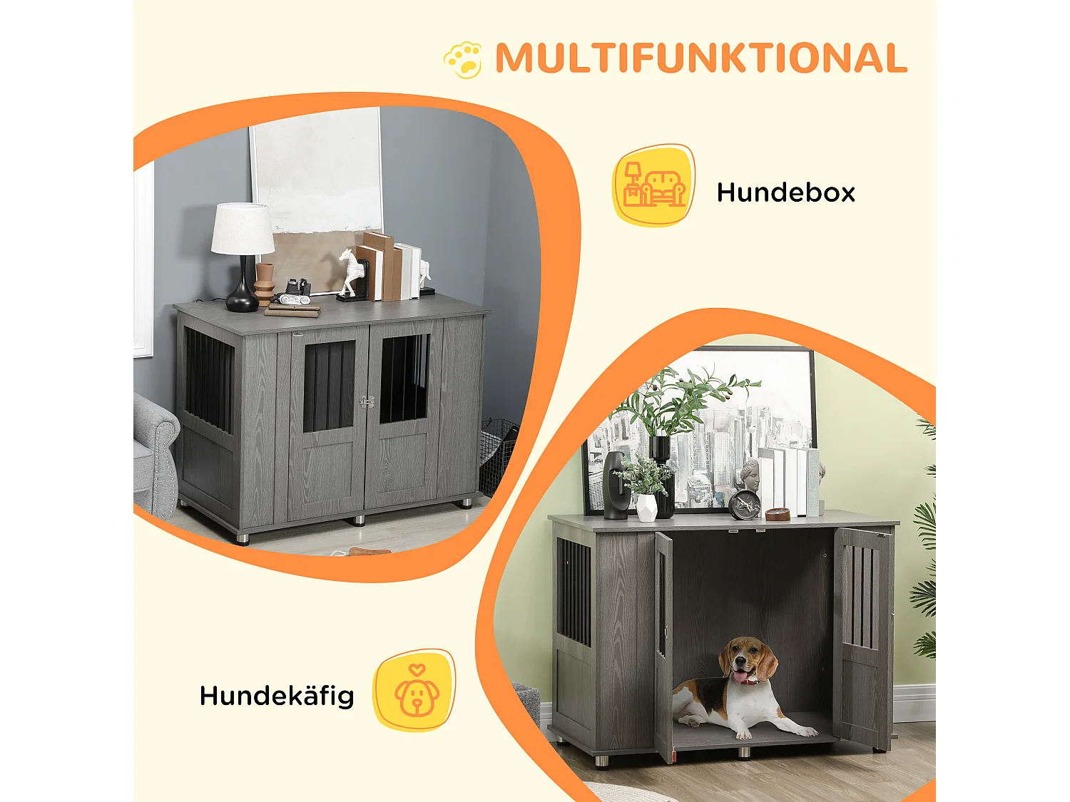 Cage pour chien grande taille en bois avec serrure, porte magnétique et fenêtre, gris (114x60x82 cm)