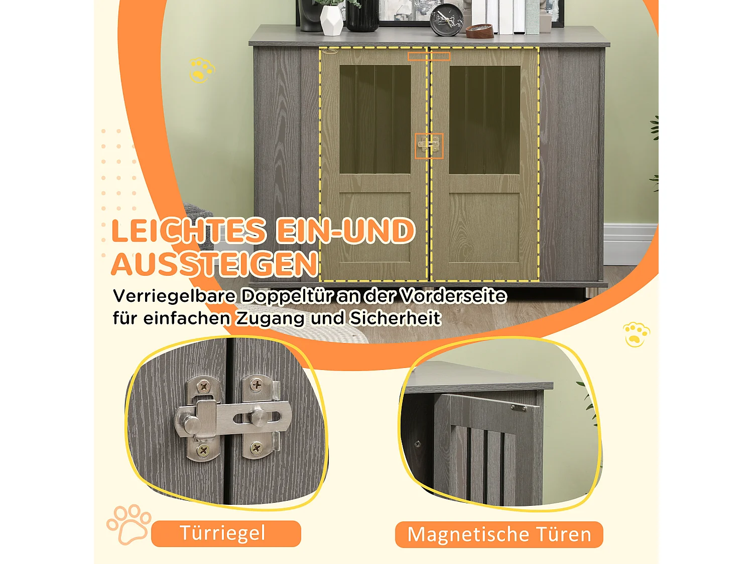 Cage pour chien grande taille en bois avec serrure, porte magnétique et fenêtre, gris (114x60x82 cm)