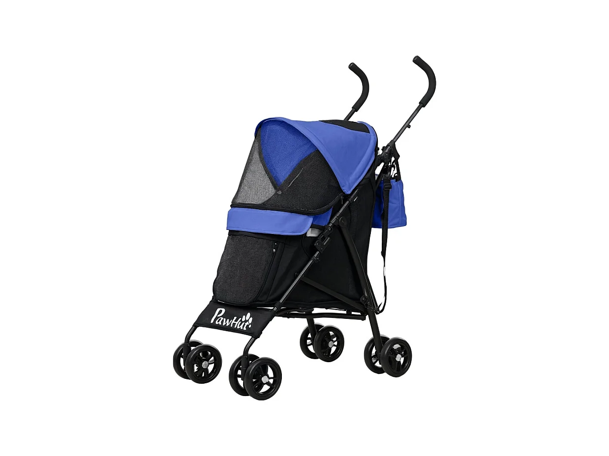 Poussette pliante pour chien et chat jusqu'à 4 kg, polyester, bleu foncé, avec fenêtres en filet et rangement (76x44x103 cm)