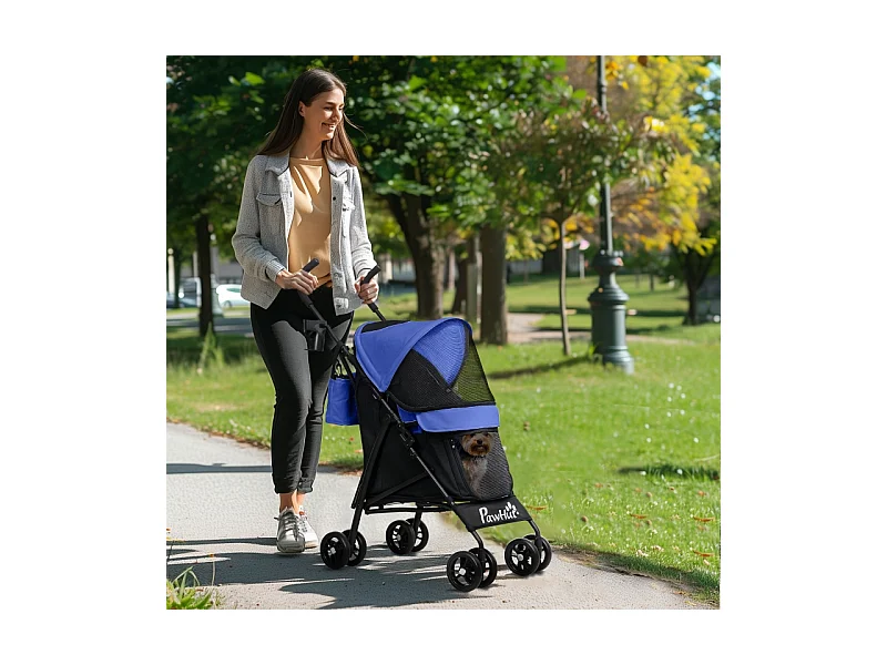 Poussette pliante pour chien et chat jusqu'à 4 kg, polyester, bleu foncé, avec fenêtres en filet et rangement (76x44x103 cm)