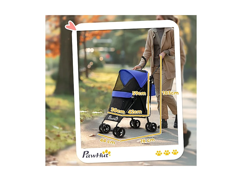 Poussette pliante pour chien et chat jusqu'à 4 kg, polyester, bleu foncé, avec fenêtres en filet et rangement (76x44x103 cm)