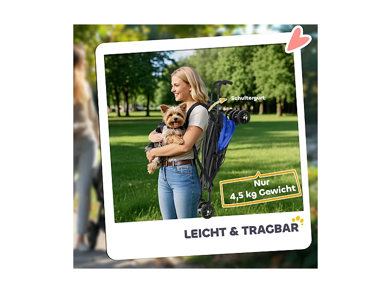 Poussette pliante pour chien et chat jusqu'à 4 kg, polyester, bleu foncé, avec fenêtres en filet et rangement (76x44x103 cm)