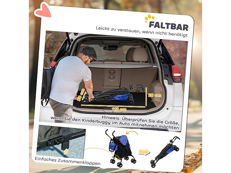 Poussette pliante pour chien et chat jusqu'à 4 kg, polyester, bleu foncé, avec fenêtres en filet et rangement (76x44x103 cm)