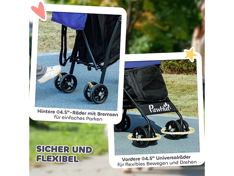 Poussette pliante pour chien et chat jusqu'à 4 kg, polyester, bleu foncé, avec fenêtres en filet et rangement (76x44x103 cm)