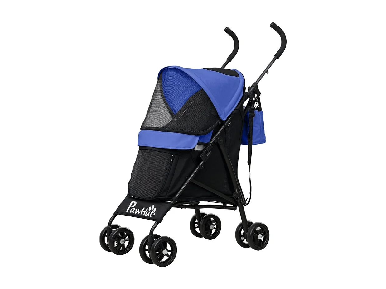 Poussette pliante pour chien et chat jusqu'à 4 kg, polyester, bleu foncé, avec fenêtres en filet et rangement (76x44x103 cm)