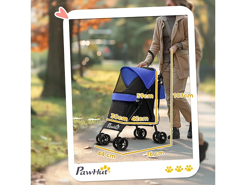 Poussette pliante pour chien et chat jusqu'à 4 kg, polyester, bleu foncé, avec fenêtres en filet et rangement (76x44x103 cm)