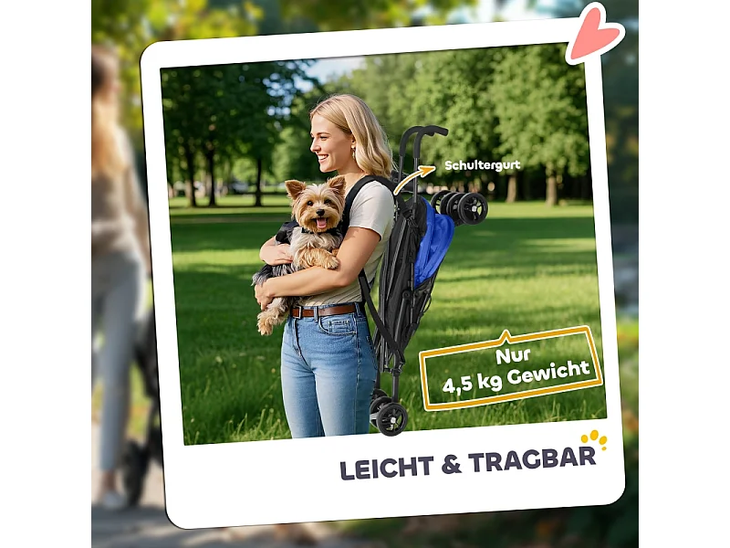 Poussette pliante pour chien et chat jusqu'à 4 kg, polyester, bleu foncé, avec fenêtres en filet et rangement (76x44x103 cm)