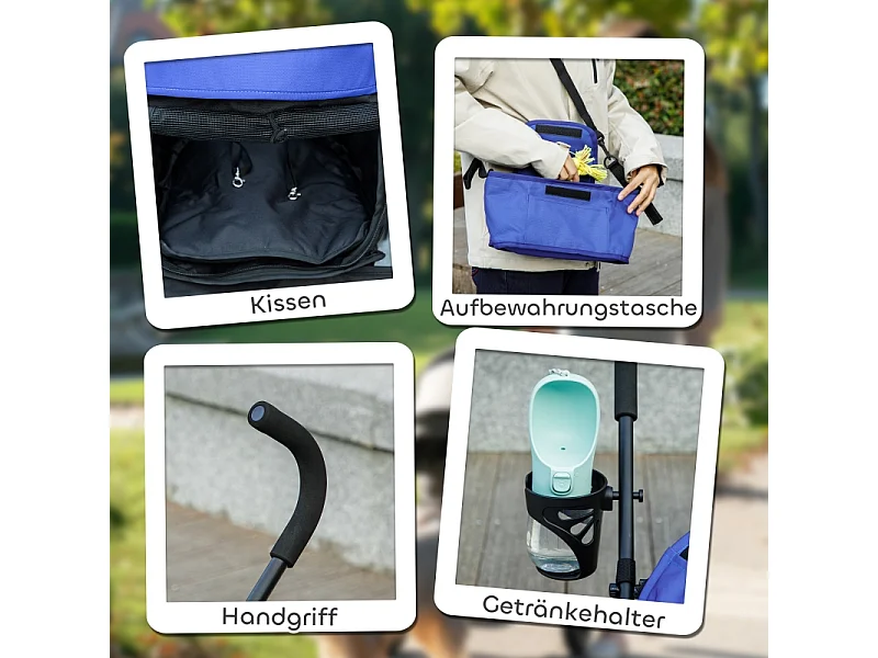 Poussette pliante pour chien et chat jusqu'à 4 kg, polyester, bleu foncé, avec fenêtres en filet et rangement (76x44x103 cm)
