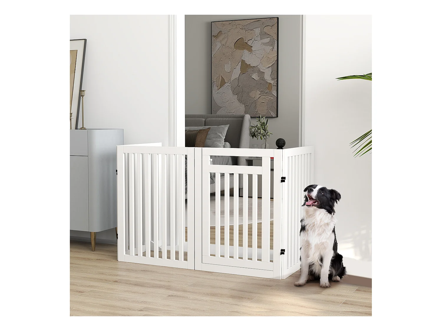 Barrière d'escalier pliable sans perçage, 4 panneaux, MDF, blanc, avec 2 pieds de support (240x1.8x81cm)