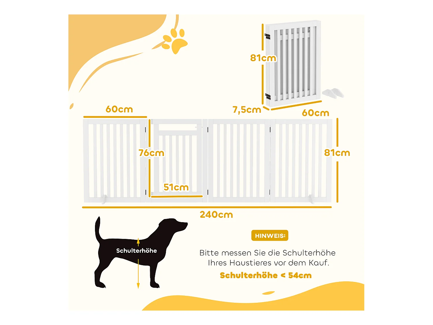 Barrière d'escalier pliable sans perçage, 4 panneaux, MDF, blanc, avec 2 pieds de support (240x1.8x81cm)